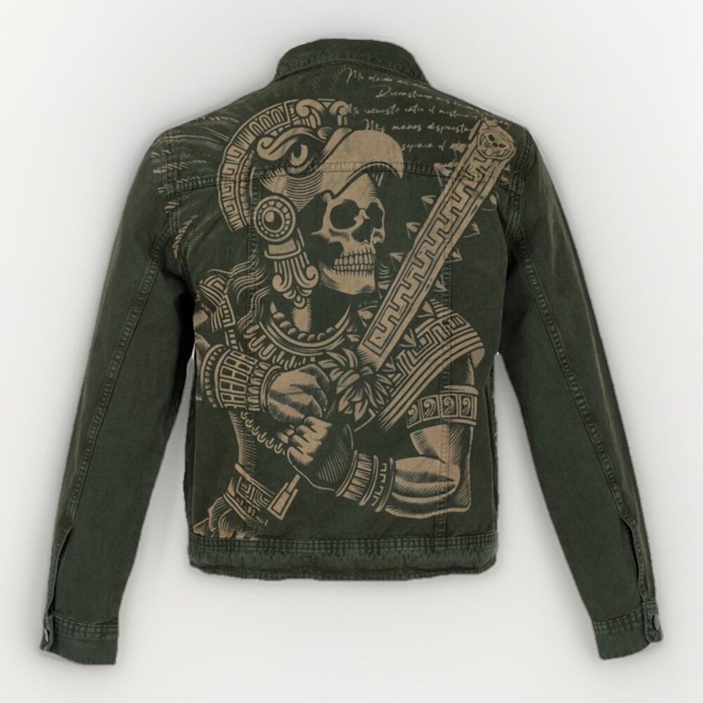 Ay Güey! Mexico Aztec Eagle Warrior Skull Denim Jacket Men's Size Small Green